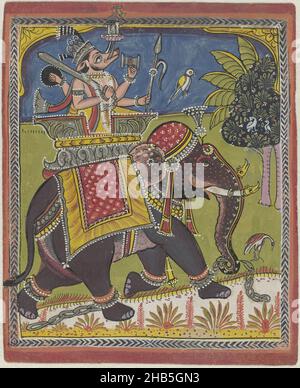 Varaha (Vishnu come cinghiale) a cavallo di un elefante, un elefante con catene sulla gamba posteriore destra sta camminando attraverso un paesaggio stilizzato, sulla sua schiena un palanquin contenente una figura a quattro armi con la testa di un cinghiale; la rappresentazione corre in parte attraverso le fasce decorative. Fasce ornamentali con motivi in bianco e nero e bordate in rosso, disegnatore: anonymous, Rajasthan, 1800 - 1899, paper, vernice per coperta, pennello, pennello, altezza 30 cm x larghezza 42,5 cm altezza 170 mm x larghezza 135 mm Foto Stock