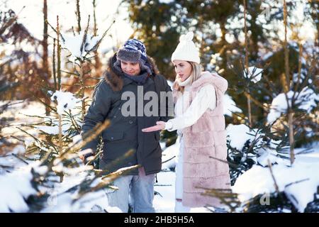 Coppia sul mercato dell'albero di natale durante l'inverno Foto Stock