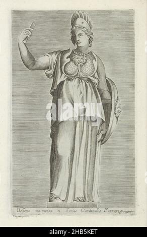 Scultura di Bellona, Bellona marmorea in hortis cardinalis Farrariae (titolo sull'oggetto), sculture antiche a Roma (titolo della serie), Antiquarum statuarum urbis Romae quae in publicis locis visuntur icones (titolo della serie), Caption in latino. Print fa parte di un album., print maker: anonymous, editore: Andrea Vaccari, print maker: Italy, editore: Rome, 1584, carta, incisione, altezza 222 mm x larghezza 134 mm Foto Stock