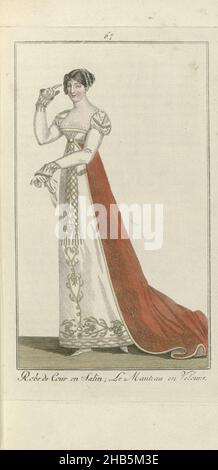 Elegantia, o rivista di moda, lusso e gusto per le Signore, gennaio 1809, n° 67: Robe de Cour en Satin..., secondo il testo di accompagnamento (p.. 32): 'Grande parure. Accappatoio in velluto rosso ricamato in oro. « Coeffure en diamans ». Toque di satin bianco (??). Braccialetti diamantati. Secondo la didascalia: Abito da corte di raso. Mantello di velluto. Stampa dalla rivista di moda Elegantia, o rivista di moda, lusso e gusto per le donne 1807-1814 (interrotto dal periodo 1811-1813)., tipografia: anonimo, editore: Evert Maaskamp, Amsterdam, 1809, carta, incisione, altezza 220 mm x larghezza 126 Foto Stock