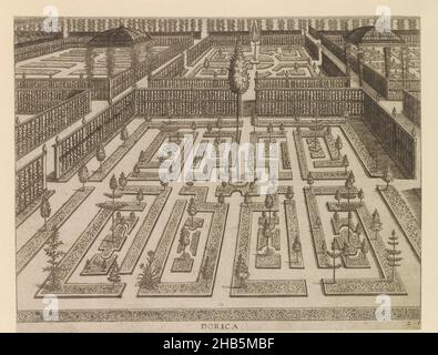 Giardino con parterre composto da otto compartimenti rettangolari, Dorica (titolo sull'oggetto), Hortorum Viridariorumque elegantes et moltiplicis formae (titolo della serie), disegni di giardino associati agli ordini dorici, ionici e corinzi di costruzione (titolo della serie), Giardino con parterre centrale costituito da otto compartimenti rettangolari. Circondato da recinzioni con piante che crescono contro di loro. Il giardino è disposto secondo l'ordine dorico. La stampa fa parte di un album., stampatore: anonymous, Hans Vredreaman de Vries, Antwerp, 1583 e/o c.. 1600 - c. 1601, carta, incisione, altezza 188 Foto Stock