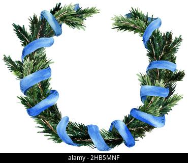 Acquerello corona di abete rosso disegnata a mano con nastro blu. Decoro floreale per l'offerta di stagione. Disegno botanico per imballaggio, carta da parati, biglietti d'auguri, Foto Stock