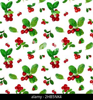 Acquerello Cranberry motivo senza cuciture su sfondo bianco. Pittura disegnata a mano di rametti di mirtilli con foglie. Illustrazione di cespugli di viburnum. Foto Stock