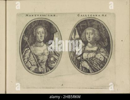 Ritratti di Eleonora di Mantova e Anna d'Austria, entrambi come pastorache, Mantuana I.M.R., Galligana R.F. (Titolo sull'oggetto), Les vrais pourtraits de quelques unes des Plus grandes dames de la chrestiente desguisees en bergeres. (Titolo della collana), due rappresentazioni su una foglia di album. A sinistra, il ritratto di Eleonora di Mantova, moglie dell'imperatore Ferdinando II, come Mantuana I.M.R. Sulla destra, Anna d'Austria, Regina di Francia, come Galligana R.F. Entrambe le donne hanno il personale di un pastore nelle loro mani. Quella dell'imperatrice è decorata con un'aquila a due teste, un riferimento al Sacro Romano Impero. Foto Stock