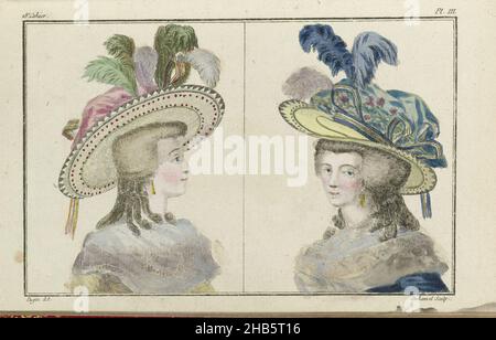 Cabinet des Modes ou les Modes Nouvelles, 1 Aout 1786, pl. III, due busti femmina con cappelli di paglia in cornici. Secondo il testo di accompagnamento, la donna sulla sinistra indossa un caraco giallo e ha un cappello di paglia sulla testa, decorato con piume e un nastro a righe 'en Diadème'. La sfera del cappello è di crepe rosa ed è decorata con piume e due grandi archi, fatti di nastro 'à l'Arc-en Ciel'. La donna sulla destra indossa un caraco blu-viola e sulla testa un cappello giallo paglierino, guarnito con un nastro giallo-nero 'au Diadème'. La cupola fortemente billowing del cappello è di blu profondo Foto Stock