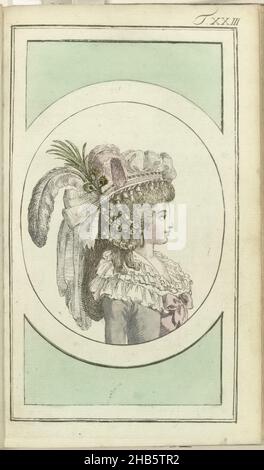 Journal des Luxus und der Moden 1786, Band i, T. 23, busto femminile a destra in un grigio 'Juste' con un arco rosa sul petto. Fichu guarnito di lino bianco. Un acconciatura moderna di Monsieur Depain e un 'pouf' di Demoiselle Roussaud, entrambi lavorando a Parigi. L'acconciatura consiste in file di ricci rigidi con due ricci sciolti su entrambi i lati che cadono al petto. Da dietro un chignon piatto. Il pouf in di pizzo bianco, guarnito con un nastro rosa, una piuma rosa e bianca, un velo e un aigrette di piume di pavone. Stampa dalla rivista di moda Journal des Luxus und der Moden, a cura di Foto Stock