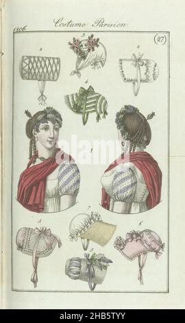 Journal des dames et des Modes, edizione Frankfurt 1 juillet 1806, Costume Parisien (27), sei modelli di cappelli con cappuccio, un cofano e un esempio di acconciatura con trecce sollevate e pendenti, vista dalla parte anteriore e da dietro. Secondo il testo di accompagnamento (pag. 21): Fig. 2: Capotes de perkale; Fig. 3. Cofano d' organiera; Fig. 4: Capotes de Rubbans; Fig. 5: Capotes de taffetas et paille; Fig. 6: Capotes de taffetas; Fig. 7: Capote à Fond de taffetas." La stampa fa parte della rivista di moda Journal des Dames et des Modes, pubblicata a Francoforte come copia dell'edizione francese di Pierre de la Foto Stock