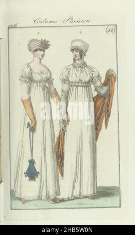 Journal des Dames et des Modes, Francoforte edizione 12 ottobre 1806, Costume Parisien (42), secondo il testo di accompagnamento (pag. 79): "Fig. 1.- cappello di croisé e taffeta. Orecchini di perle. Abito di mussola bianca, con un fichu annodato dalla parte anteriore. Maniche corte. Nastro rosa. Guanti lunghi in pelle gialla. Scarpe in camoscio, chiuse con un nastro blu. Borsa: 'Ridicolo en corbeille'. Fig. 2.- Bonnet à la paysanne; acconciatura con boccoli su entrambi i lati del viso, fichu-canezou. Maniche lunghe. Abito bianco con un po' di rifinitura. Guanti lunghi in pelle verde. Scarpe verdi. Sciarpa di seta verde ( Foto Stock