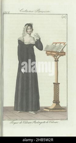 Journal des Dames et des Modes, Frankfurt Edition 18 décembre 1808, Costume Parisien (51): Toque de Velours. Redingote de Velours., Donna in stand musicale su cui è posizionata la spartiti. Il testo di accompagnamento (pag. 320) rapporti: cappello di velluto, decorato con un lungo pennacchio. Redingote di velluto. Guanti bianchi, scarpe bianche (piatte). La stampa fa parte della rivista di moda Journal des Dames et des Modes, pubblicata a Francoforte come copia dell'edizione francese di Pierre de la Mésangère, (1798-1848)., tipografia: Friedrich Ludwig Neubauer, editore: J.P. Lemaire, Frankfurt am Main, 1808, carta, incisione Foto Stock