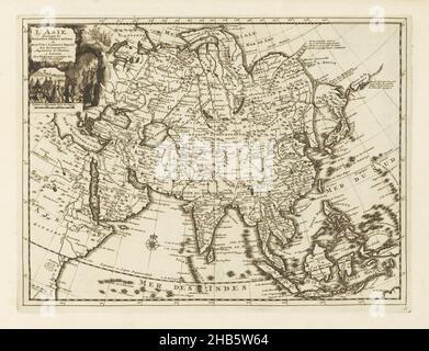 Carta dell'Asia, l'Asie, suivant les nouvelles Observations de Mess[ieu]rs de l'Academie Royale des Sciences ecc. Augmentées de nouveau (titolo sull'oggetto), Les Indes Orientales et Occidentales et autres lieux (titolo della serie), Mappa dell'Asia. In alto a sinistra raffigurazione di una grotta con tende dell'esercito, sultani su cavalli e cammelli. In basso a destra: d. La stampa fa parte di un album., stampatore: anonymous, editore: Pieter van der AA (i) (menzionato sull'oggetto), Leiden, 1669 - 1733, carta, incisione, altezza 226 mm x larghezza 300 mm Foto Stock