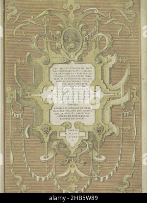 Cartouche con nella cornice il ritratto di Hubert Goltzius, Les images presque de tous les empereurs depuis C. Julius Caesar giustques a Charles .V. et Ferdinandus son frere, pourtraites au vif, princes des medailles anciennes: non comme elles ont esté evulguées par cy devant, ains au vrai et par tressgrande cure et diligence. Ensemble aussy leur vie et leurs faitz tant Bons que mauvais, depaintz du pinceau historique (titolo della serie sull'oggetto), Cartouche con telaio di scroll e ferramenta. In cima un medaglione con un busto in profilo di Hubert Goltzius, affiancato dalle sue iniziali H e G. la stampa è Foto Stock