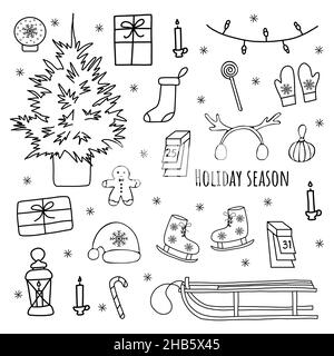 Set di elementi per la stagione natalizia. Albero di Natale e slitta, mittens e cappello di Santa, candele e ghirlanda, torcia e regali, pattini e zenzero uomo. Nero Illustrazione Vettoriale