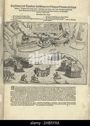 Assedio di Ostenda: Storming di Bucquoy il 7 gennaio 1602, Erzehelung und Figurliche furbildung des Blutigen Sturms geschehen durch 3. Regimenten Fuß volck, warinne zu sehen, wie und welcher gestalt die halbe Mohn uber die Geule gelegen, durch inhen eröbert wurden, und sie dieselbe widerumb verlassen musten (titolo sull'oggetto), Storming delle difese di Ostenda da parte delle truppe spagnole sotto il conte di Bucquoy il 7 gennaio 1602. In basso a sinistra combattendo alla lunetta sull'altro lato del fiume Geule, in alto al centro un cartuche con iscrizione in latino. Sopra il stampare il titolo con la spiegazione del Foto Stock