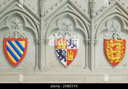 Stemmi reali sulla tomba di pietra della regina Eleonora di Castiglia alla cattedrale cristiana di Lincoln, Inghilterra. Foto Stock