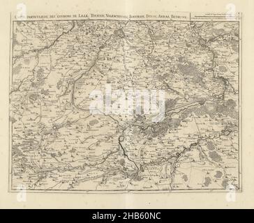 Mappa della Francia settentrionale, 1711, carte particuliere des environs de Lille, Tournay, Valenciennes, Bouchain, Douay, Arras, Bethune (titolo in oggetto), Mappa della Francia settentrionale con le città di Lille, Tournai, Valenciennes, Bouchain, Douai, Arras e Béthune, 1711. Parte di una raccolta di piani di battaglie e città rinomate nella Guerra di successione spagnola. Questa targa è tra le prime 24 lastre che compongono una mappa molto grande dei Paesi Bassi meridionali., tipografia: Jacobus Harrewijn (menzionato sull'oggetto), editore: Eugene Henry Fricx (menzionato sull'oggetto), Bruxelles, 1711, carta Foto Stock