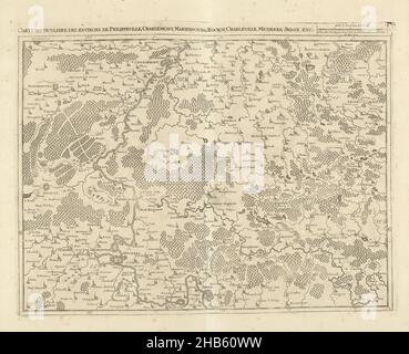 Mappa della Francia settentrionale, 1712, carte particuliere des environs de Philippeville, Charlemont, Marienbourg, Rocroy, Charleville, Mezieres, Sedan, ecc. (titolo in oggetto), Mappa della Francia settentrionale con le città di Philippeville, Mariembourg, Rocroi, Charleville-Mézières e Sedan, 1712. Parte di una raccolta di piani di battaglie e città rinomate nella Guerra di successione spagnola. Questa targa è tra le prime 24 lastre che compongono una mappa molto grande dei Paesi Bassi meridionali., tipografia: Jacobus Harrewijn (attribuito a), editore: Eugene Henry Fricx (menzionato in oggetto), Bruxelles Foto Stock