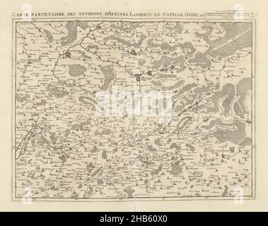 Mappa della Francia settentrionale, 1712, carte particuliere des environs d'Avesnes, Landrecy, la Capelle, Guise, ecc. (titolo in oggetto), Mappa della Francia settentrionale con le città di Avesnes, Landrecies, la Capelle e Guise, 1712. Parte di una raccolta di piani di battaglie e città rinomate nella Guerra di successione spagnola. Questa targa è tra le prime 24 lastre che compongono una mappa molto grande dei Paesi Bassi meridionali., tipografia: Jacobus Harrewijn (attribuito a), editore: Eugene Henry Fricx (menzionato su oggetto), Bruxelles, 1712, carta, incisione, incisione, altezza 440 mm x larghezza 550 mm Foto Stock