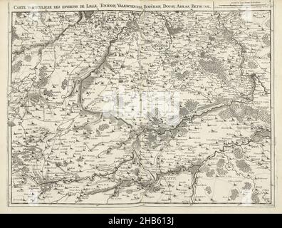 Mappa della Francia settentrionale, 1711, carte particuliere des environs de Lille, Tournay, Valenciennes, Bouchain, Douay, Arras, Bethune (titolo in oggetto), Mappa della Francia settentrionale con le città di Lille, Tournai, Valenciennes, Bouchain, Douai, Arras e Béthune, 1711. Parte di una raccolta di piani di battaglie e città rinomate nella Guerra di successione spagnola. Questa targa è tra le prime 24 lastre che compongono una mappa molto grande dei Paesi Bassi meridionali., tipografia: Jacobus Harrewijn (menzionato sull'oggetto), editore: Eugene Henry Fricx (menzionato sull'oggetto), Bruxelles, 1711, carta Foto Stock