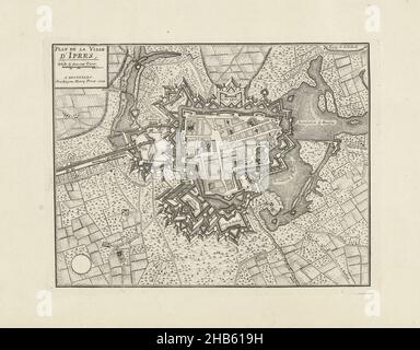 Mappa di Ypres, 1709, Plan de la ville d'Ipres (titolo sull'oggetto), Mappa di Ypres, 1709. Parte di una raccolta di piani di battaglie e città rinomate nella Guerra di successione spagnola., tipografia: Jacobus Harrewijn (attribuito a), editore: Eugene Henry Fricx (menzionato su oggetto), Bruxelles, 1709, carta, incisione, altezza 210 mm x larghezza 274 mm Foto Stock