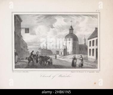 Chiesa di San Giuseppe a Waterloo, Chiesa di Waterloo (titolo sull'oggetto), la Chiesa di San Giuseppe a Waterloo. Parte di un album di dodici piatti con viste c.. 1840-1846 della zona in cui si svolse la battaglia di Waterloo il 18 giugno 1815. Numerato in alto a destra: No. 1., tipografo: H. Gérard (possibilmente), stampatore: H. Gérard (menzionato sull'oggetto), Bruxelles, 1842, carta, altezza 225 mm x larghezza 290 mm Foto Stock