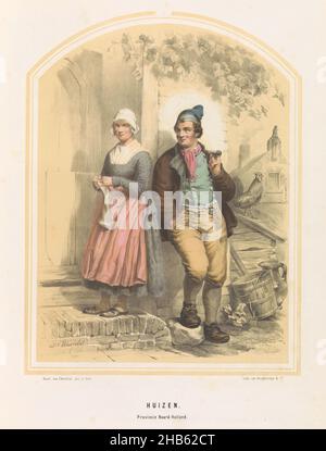 Costume di Huizen in Olanda del Nord, 1857, Huizen. Provincia dell'Olanda del Nord, i (titolo sull'oggetto), Costume del luogo Huizen nell'Olanda del Nord. Uomo e donna alla porta di una casa. Illustrazione in un libro del 1857 con 56 lastre di costumi olandesi., stampatore: Jan Braet von Uberfeldt (menzionato sull'oggetto), stampatore: Desguerrois & Co. (Menzionato sull'oggetto), stampatore: Olanda, stampatore: Olanda, editore: Amsterdam, 1857, carta, altezza 523 mm x larghezza 350 mm Foto Stock