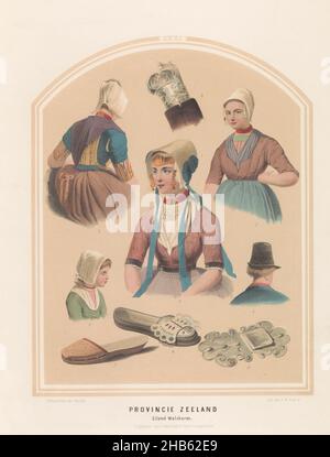 Costume dell'isola di Walcheren in Zeeland, 1857, Provincia di Zeeland. Isola di Walcheren, XXXI (titolo sull'oggetto), costumi dell'isola di Walcheren nella provincia di Zeeland. Diversi studi separati. Illustrazione in un libro del 1857 contenente 56 lastre di costumi olandesi, tipografo: Ruurt de Vries (menzionato sull'oggetto), disegnatore intermedio: Jan Braet von Uberfeldt (menzionato sull'oggetto), tipografo: Paesi Bassi, disegnatore intermedio: Paesi Bassi, disegnatore intermedio: Paesi Bassi, editore: Amsterdam, 1857, carta, altezza 523 mm x larghezza 350 mm Foto Stock