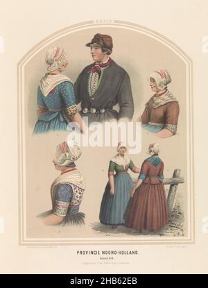 Costume dell'isola di Urk in Olanda del Nord, 1857, Provincia dell'Olanda del Nord. Isola di Urk, XXXIX (titolo sull'oggetto), Costume dell'isola di Urk nell'Olanda del Nord. Vari studi. Illustrazione in un libro del 1857 con 56 lastre di costumi olandesi, tipografo: Ruurt de Vries (menzionato sull'oggetto), disegnatore intermedio: Jan Braet von Uberfeldt (menzionato sull'oggetto), tipografo: Olanda, disegnatore intermedio: Olanda, disegnatore intermedio: Olanda, editore: Amsterdam, 1857, carta, altezza 523 mm x larghezza 350 mm Foto Stock