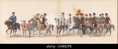 Masquerade of the Leiden Students, 1870 (Plate 1), Geostumeerde optogt gehouden door de leden van het Leidsche Studentencorps den 7den Junij 1870, ter vierierierierieriering van den 295sten verjaardag der Leidsche Hoogeschool, voorstelt van Denzoek gebragt aan Leiden, van Leiden, 1586, Robert van Leiden, Leiden, Leiden, Leiden, van Leiden, Leiden, van Leiden, Leiden, Leiden, van enz. enz. (Titolo della serie su oggetto), sfilata storica in costume degli studenti dell'Università di Leiden, tenutasi il 7 giugno 1870 in occasione del 295th° anniversario dell'Università. La sfilata raffigura l'arrivo del Conte di Leicester a Leiden nel 1586. Prima piastra Foto Stock