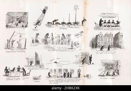 Cartoon in Leiden almanac studente, 1848, foglio con tredici diverse piccole rappresentazioni con figure nere, dalla vita dello studente. Angolo in alto a sinistra della 'Leidsche-Schouwburg'. Cartoon in almanac studente dell'Università di Leiden dell'anno 1848., tipografia: anonimo, editore: J.H. Gebhard & Co, Leiden, 1848, carta, altezza 315 mm x larghezza 460 mm Foto Stock