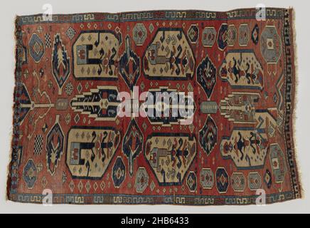 Abito con decorazioni su alberi, fiori o foglie, Abito con decorazioni su alberi, fiori o foglie. Tappeto nomade? Campo centrale: Un campo rosso mattone ha un gambo di croce di altezza intera a cui gli alberi o le foglie di cipresso sono abbassati verso l'alto e verso il basso; uno di grigio e due di blu. Attraverso giù tre paia di foglie di ditto più piccole in blu. Questo gambo è affiancato da grandi motivi floreali o peri in giallo mais, con piani curvanti. All'interno ci sono rami rigidi. I contorni dei motivi sono spessi e rispettivamente in bianco e blu scuro. Inoltre spruzza sul campo di ottagoni a.o. Confine: È presente solo un bordo interno, di colore blu con Foto Stock