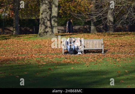 Londra, Inghilterra, Regno Unito. Giovane coppia su una panchina del parco a St James's Park, dicembre 2021 Foto Stock