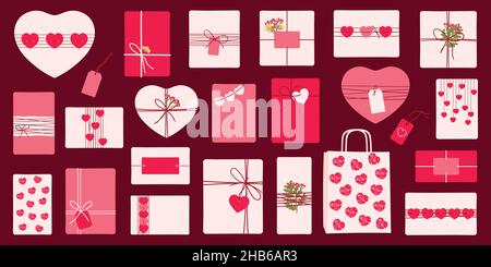 Set di romantici regali ecologici per San Valentino. Confezioni regalo con carta kraft, cuori, fiori, iuta per adesivi, greetina Illustrazione Vettoriale