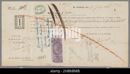 Lettera di scambio per A. de Graaff Campbell e D.Y. Campbell, schiavi proprietari di Sant'Eustatio, cambiale del valore di 1000 gilders nel nome di A. de Graaff Campbell e D.Y. Campbell, 17 luglio 1863. Cambiale emesso ai proprietari di schiavi su San Eustatius per compensare loro all'emancipazione di 1863 per dichiarare libera la gente schiavizzata che hanno contato come loro proprietà., creatore: anonimo, Olanda, 17-lug-1863, carta, inchiostro, scrittura (processi), stampa, altezza 140 mm x larghezza 270 mm Foto Stock