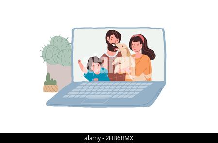 Cartoon flat Happy Family personaggi sullo schermo del computer, uso di app online per le videochiamate concetto di illustrazione vettoriale Illustrazione Vettoriale