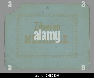 Medaglia d'argento assegnata ad Adriaan Rosel nel 1876, medaglia d'argento in cartone con testo scritto a mano sul retro, assegnata ad Adriaan Rosel alla mostra Werkman a l'Aia nel 1876, per tre modelli in scala da lui realizzati., costruttore: anonimo, l'Aia, 1876, cartone, manoscritto, stampa, altezza 154 mm x larghezza 198 mm Foto Stock