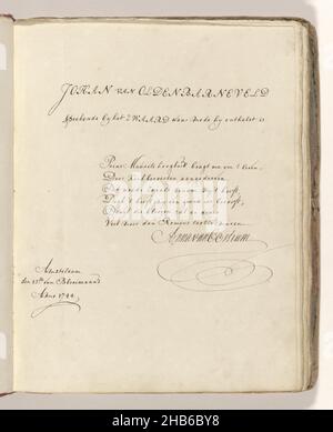 Poesia sulla spada con cui Johan van Oldenbarnevelt avrebbe dovuto essere decapitato nel 1619, Johan van Oldenbarneveld parlando dalla spada con cui era decapitato (titolo sull'oggetto), verso di Anna van Oostrum. Parte del libro di poesie degli anni 1743-1745 sulla spada con cui Johan van Oldenbarnevelt si suppone fu decapitato nel 1619. La spada era di proprietà di Frans Greenwood., Anna van Ostrum (firmata dall'artista), Amsterdam, 23-Maggio-1744, carta, inchiostro, scrittura (processi), altezza 275 mm x larghezza 220 mm Foto Stock