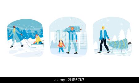 Persone che si preparano per natale celebrazione scena invernale Illustrazione Vettoriale