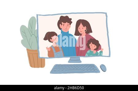 Cartoon flat Happy Family personaggi sullo schermo del computer, uso di app online per le videochiamate concetto di illustrazione vettoriale Illustrazione Vettoriale