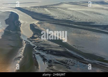 Veduta aerea dell'estuario dell'Elba a bassa acqua, Germania, Parco Nazionale di Hamburgisches Wattenmeer Foto Stock