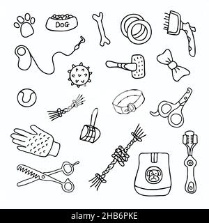 Set di accessori per barbatelle con inchiostro disegnato a mano per cani. Giocattoli per cani, forbici, pettine, cibo, palle, illustrazione del vettore osso, zampa, paletta, guinzaglio Illustrazione Vettoriale