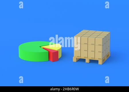 Scatole di cartone sul pallet vicino al grafico a torta. Statistiche di affrancatura. La redditività delle imprese di trasporto. Modifica del numero di pacchi. Analisi di Foto Stock