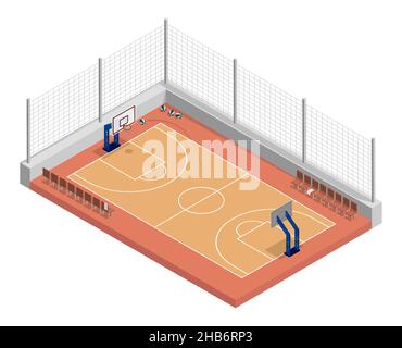 campo da basket isometrico con rete, pavimento in parquet e linee di marcatura. Vista dall'alto del campo da pallacanestro. Campo sportivo per attività ricreative attive. Realistico Illustrazione Vettoriale