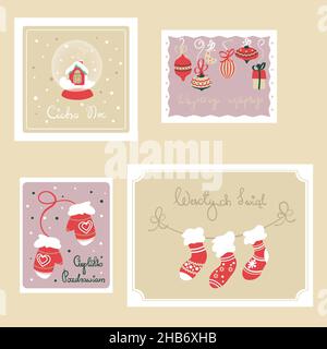 Quattro carte di Natale polacche con auguri di vacanza Illustrazione Vettoriale
