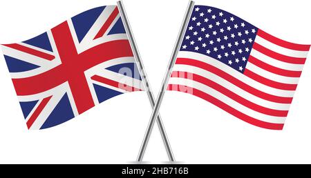 Bandiere della Gran Bretagna e dell’America. Bandiere britanniche e americane su sfondo bianco. Set di icone vettoriali. Illustrazione vettoriale. Illustrazione Vettoriale