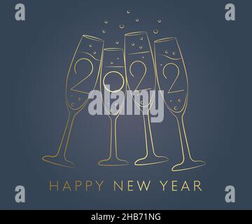 Felice anno nuovo 2022 elegante saluto di Natale con testo metallizzato oro e bicchieri di champagne Illustrazione Vettoriale