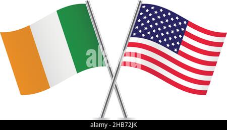 Irlanda e America hanno attraversato le bandiere. Bandiere irlandesi e americane su sfondo bianco. Set di icone vettoriali. Illustrazione vettoriale. Illustrazione Vettoriale