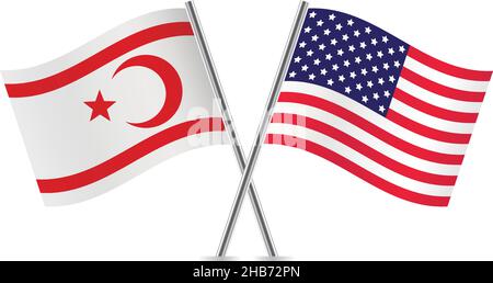 La Repubblica turca di Cipro del Nord e l'America hanno attraversato le bandiere: Cipro del Nord e le bandiere americane su sfondo bianco. Illustrazione Vettoriale