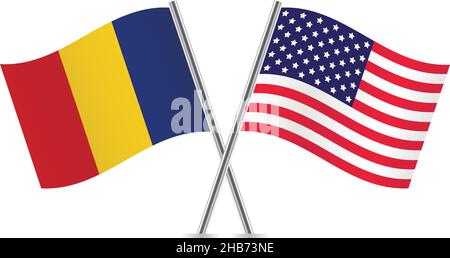 Bandiere di America e Romania. Illustrazione vettoriale. Illustrazione Vettoriale