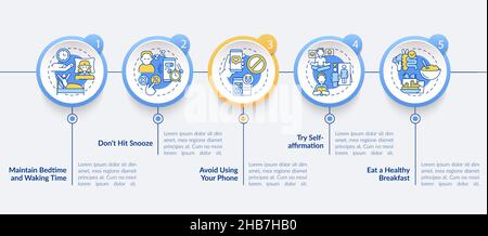 Suggerimenti per la costruzione del modello infografico del cerchio blu di routine del mattino Illustrazione Vettoriale