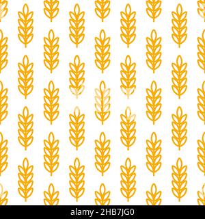 Grano orecchi icona vettore fattoria senza cuciture modello sfondo. Linea intera illustrazione di simbolo di grano per il commercio ecologico biologico di panetteria, agricoltura, birra su sfondo bianco. Illustrazione Vettoriale